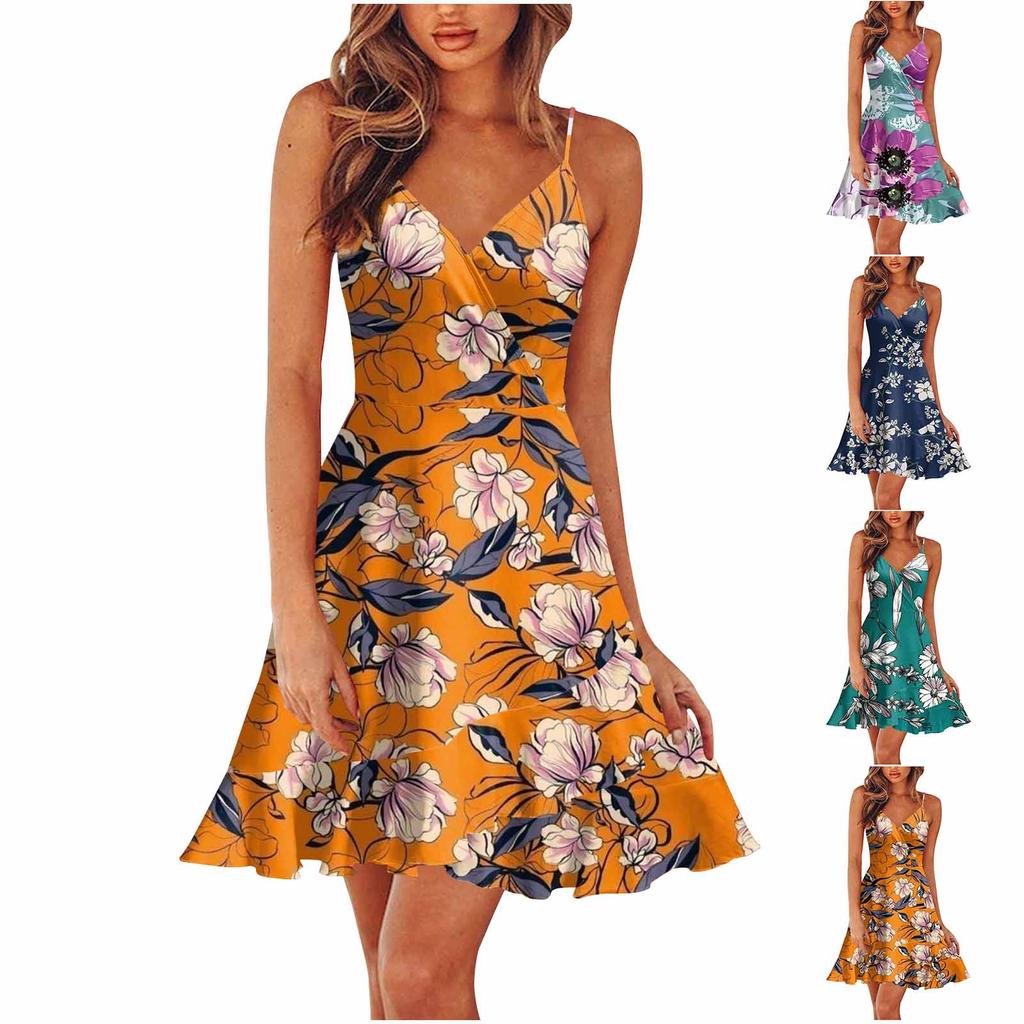 Women Summer Wrap V Neck Adjustable Spaghetti Straps Chest Pleats Casual Ruffle Dress Summer Beach Knee Length Dress Open Back Off Shoulder Dress