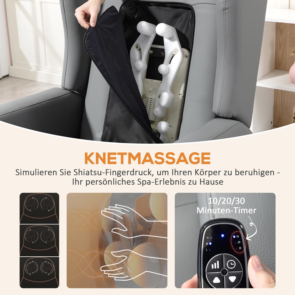 Massage Chair with Recline Function, Faux Leather, Electrically Adjustable, Footrest, Side Pocket, Steel Frame, Grey