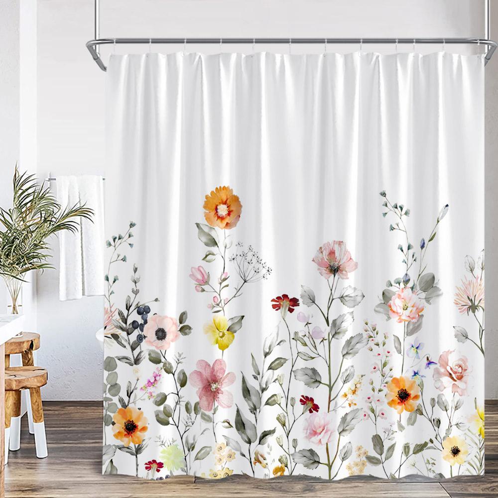

Floral Leaf Shower Curtain Green Leaves Colorful Flower Plant Nordic Bathroom Decor Modern Polyester Bath Curtain With Hook W60H190(CM)-1 Pcs