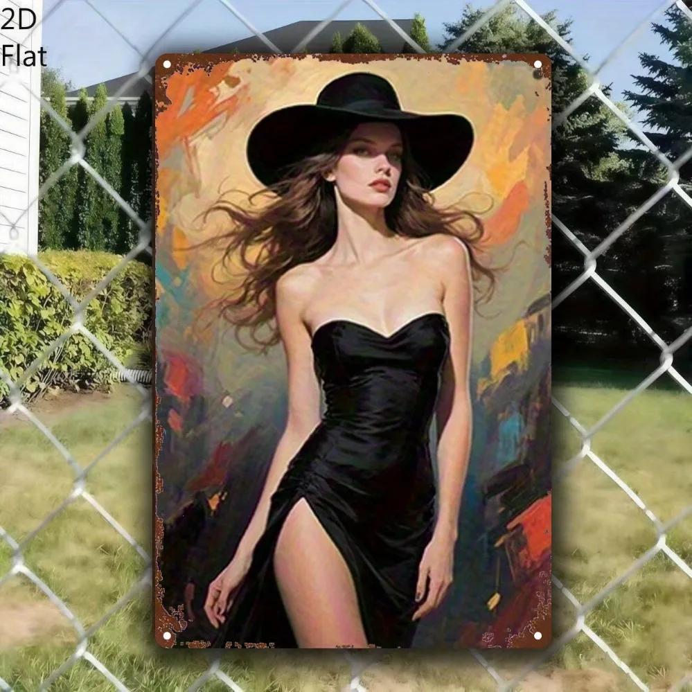 

D Art Metal Sign xin Black Dress Lady Wall Decor Waterproof Rustproof Hanging Sign for Home Garden 20x30cm（7.8x11.8inch）