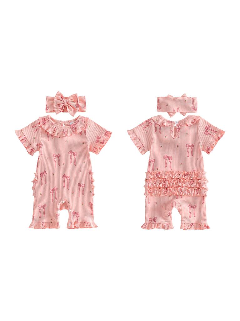 Toddler Girls Floral Print Sleeveless Romper with Ruffled Hem and Matching Headband Set for Summer Outfits