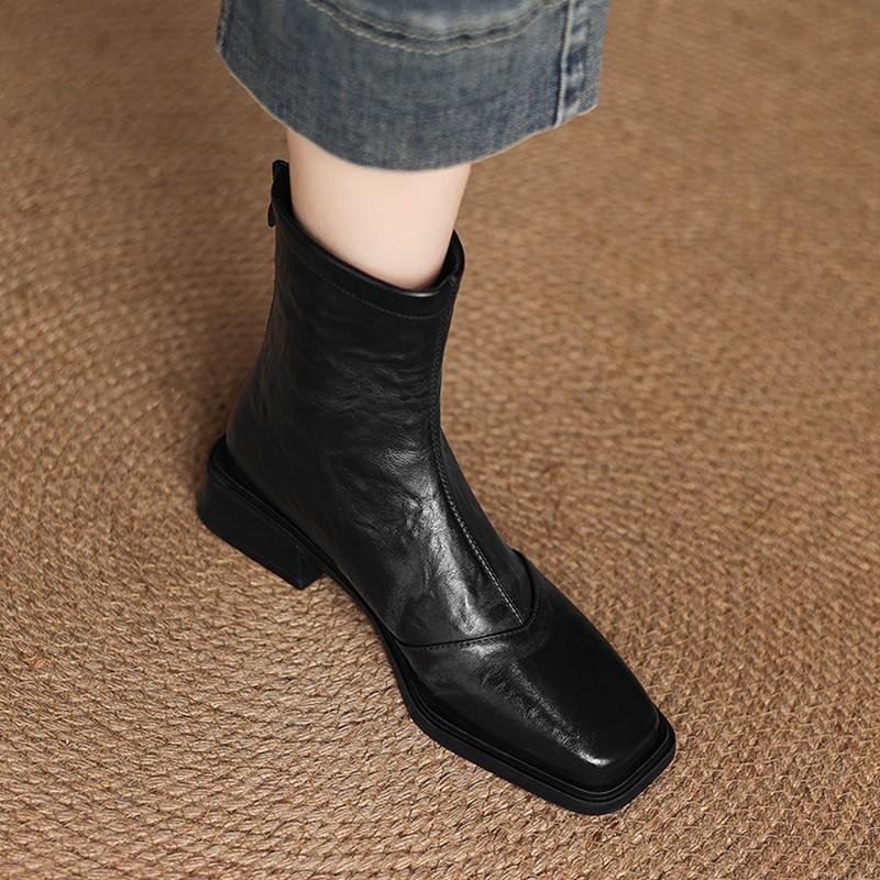 Maillard style retro square head thick heel temperament simple fashion boots autumn post zipper commuter style short boots