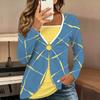 Tops for Women  Geometric Print Long Sleeve Fake Two‑Piece Top Fall Casual Slim Pullover Women's Long Sleeve Top