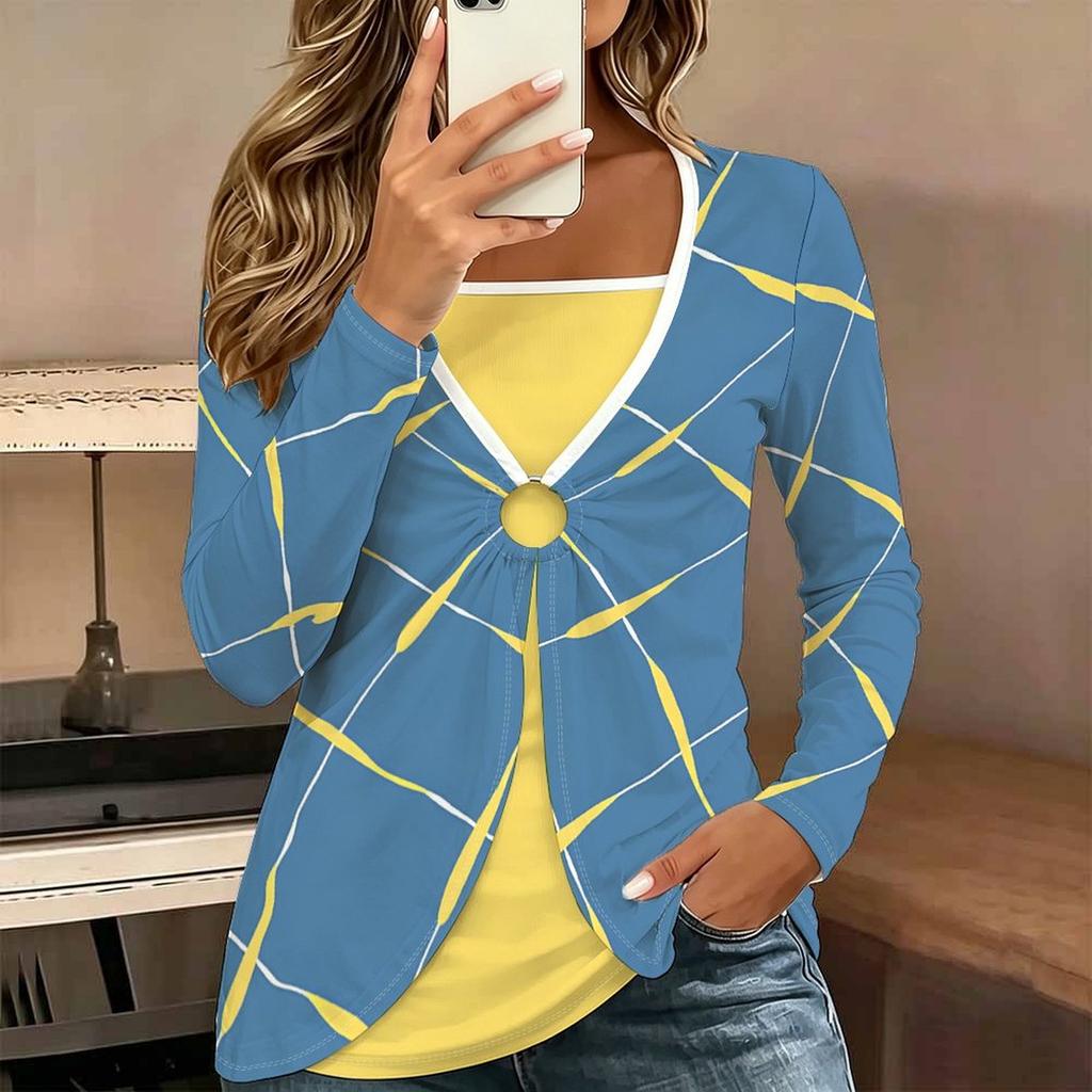 Tops for Women Geometric Print Long Sleeve Fake Two‑Piece Top Fall Casual Slim Pullover Women's Long Sleeve Top