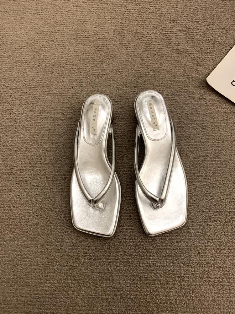 French thick-heeled flip-flops outside women's shoes 2025 new summer with skirt beach silver sandals