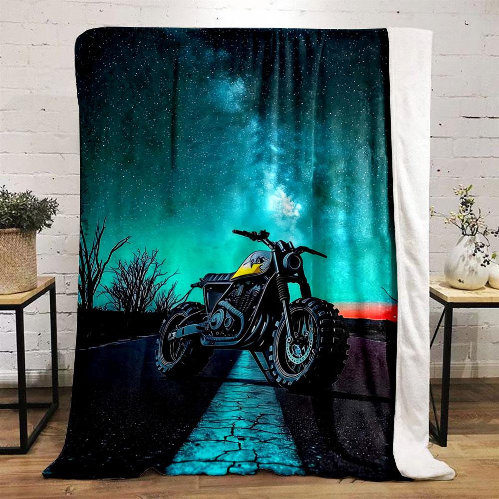 A motorcycle on a road beneath a vivid starry sky and the Milky Way. for all seasons blanket lunch break throw gift