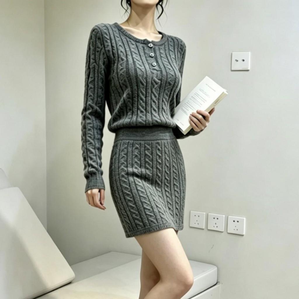 Damen French Style Zopfmuster Pullover & Bodycon Rock Set - Elegantes und Figurschmeichelndes Herbst/Winter Zweiteiler mit Rundhalsausschnitt