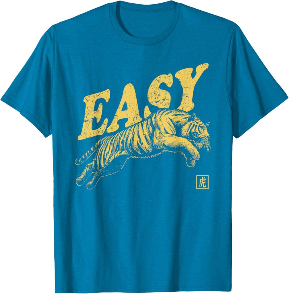 Easy Tiger Graphic Print Men Casual Cotton TShirt Retro Distressed Style Tee