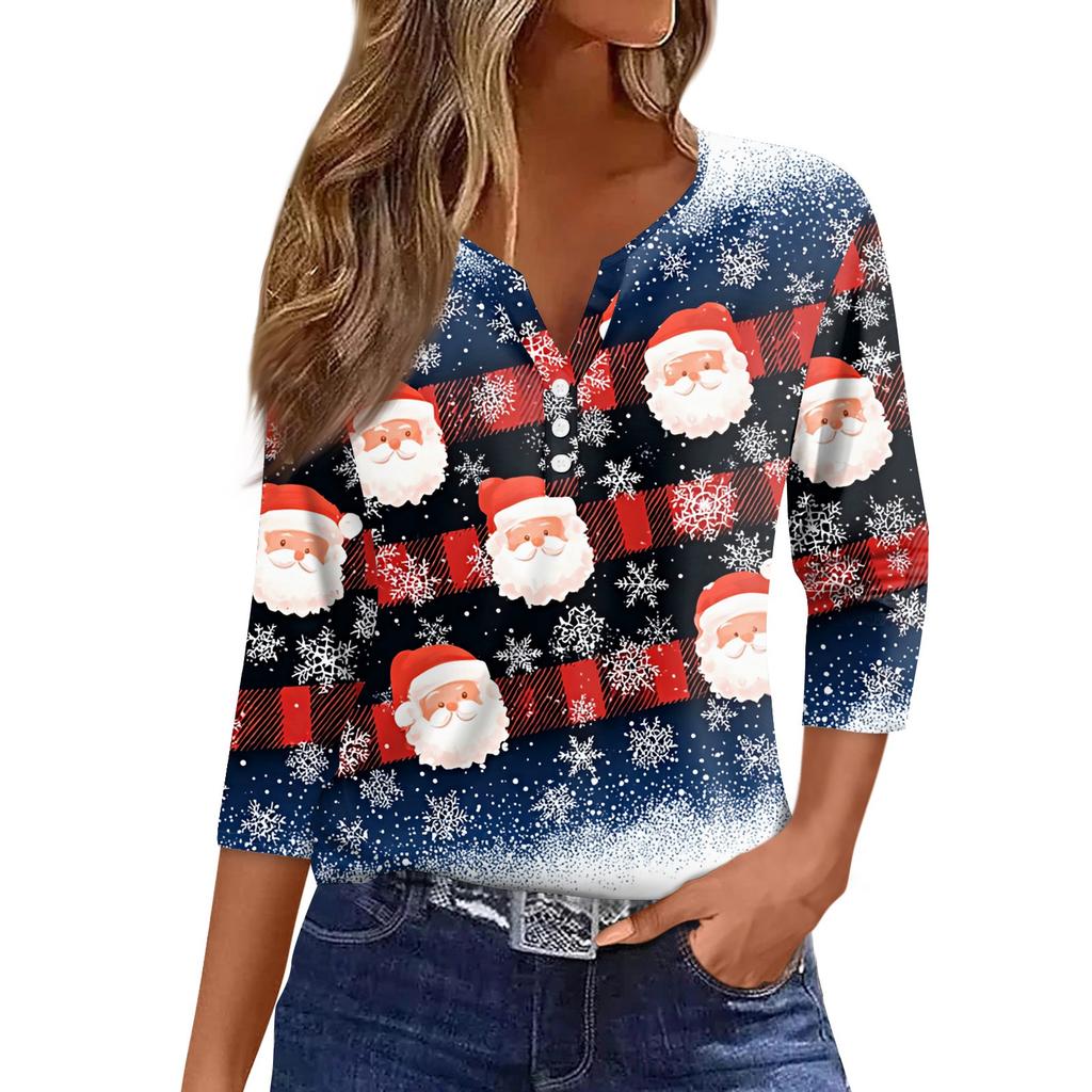 Women's T Shirt Tee Christmas Printed Button 3/4 Sleeve Tunic Daily Weekend Fashion Basic V- Neck Regular Top