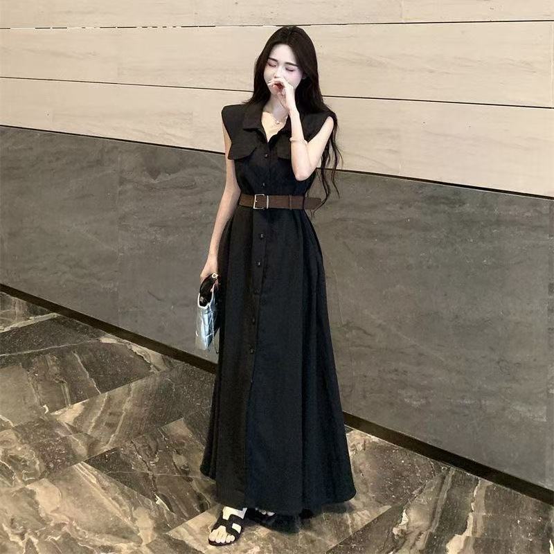 Women s Sleeveless Maxi Button Front Belted Waist Lapel Collar Flowy Formal Casual Elegant Long Dress S чёрный