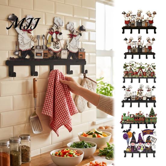 Decorative Chef Figurine Rack Metal Kitchen Wall Hanger with Chef/House/Gnome/Train Elements, Hanging Hooks, Organizer Mounted Storage for Utensils