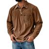 Men's Solid Color Washed Sports Button Pocket Lapel Collar Long Sleeve Top
