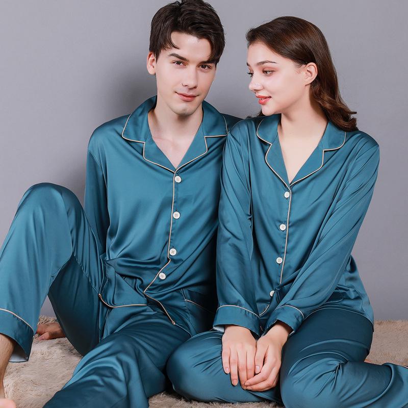 2024 Couple's Long Sleeve Pajama Set - Men's and Women's Imitation Silk for Spring and Autumn.