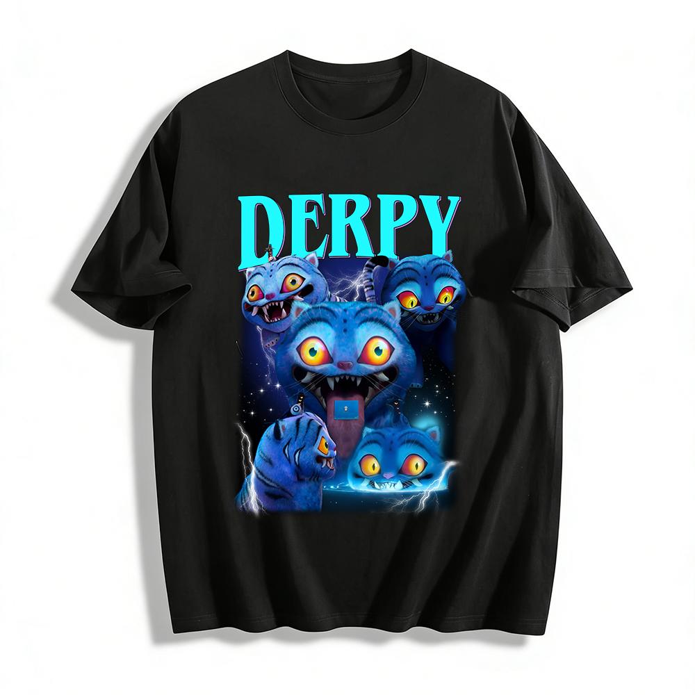 

Derpy Blue Cat Graphic Tee, Unisex Funny Goofy Kitty Print Casual Loose Fit Short Sleeve Shirt Pure cotton T-shirt XXS