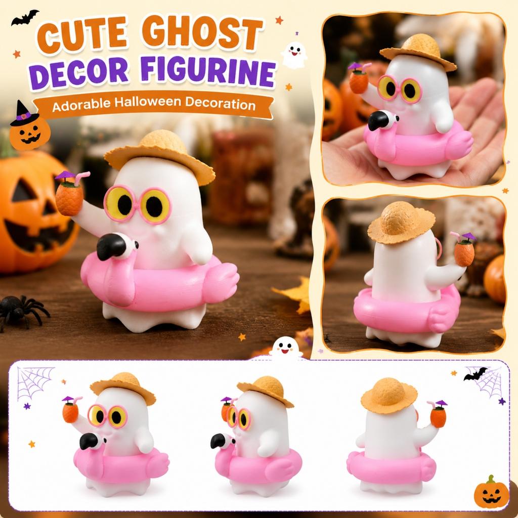 Mini Ghost Figurine Halloween Decoration with Flamingo Float and Straw Hat Seasonal Tabletop Ornament for Indoor Outdoor Display