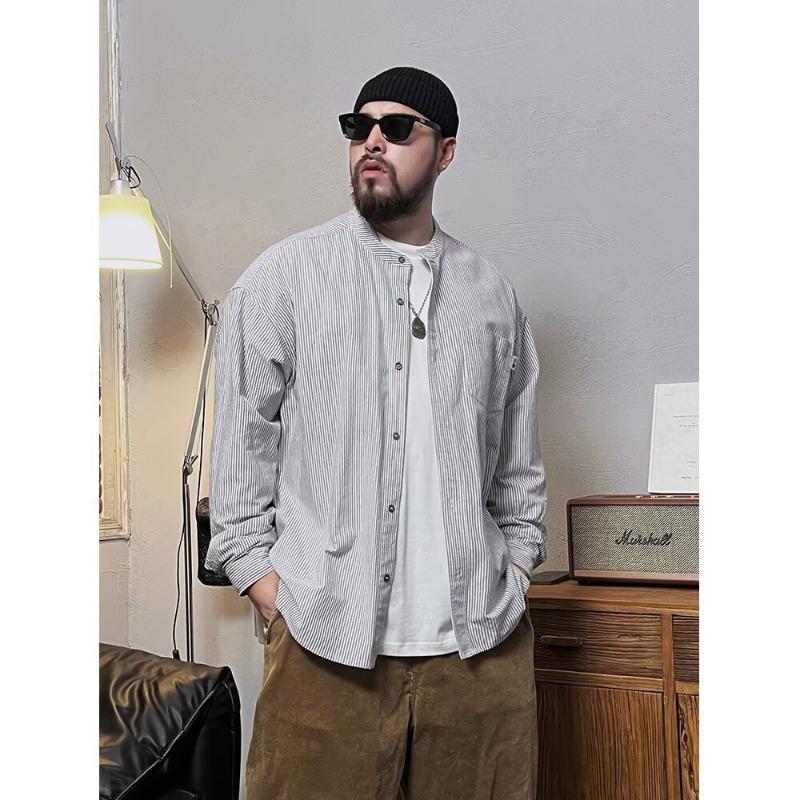 Men Vertical Stripe Band Collar Long Sleeve Button Down Shirt Oversized Casual Shirt for Men M чёрный