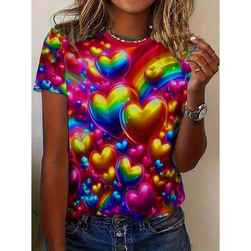 Fashion Women's Clothing Love Short Sleeve Crew Neck Short Sleeve Crew Neck T-Shirt 3D Love Rose Color Printing Rose Short Sleeve Tees