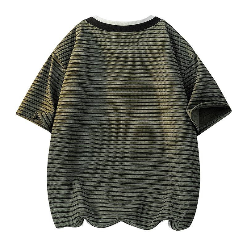 Retro Striped T-shirt Men's Summer Loose V-neck Half-sleeved T-shirt Men's Top