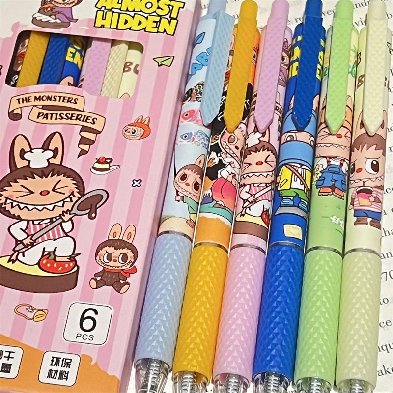6Pcs Cute Cartoon Labubu Gel Pen Kawaii 0.5Mm Black Ink Press Pen School Supplies Girl&Child Stationery Gifts