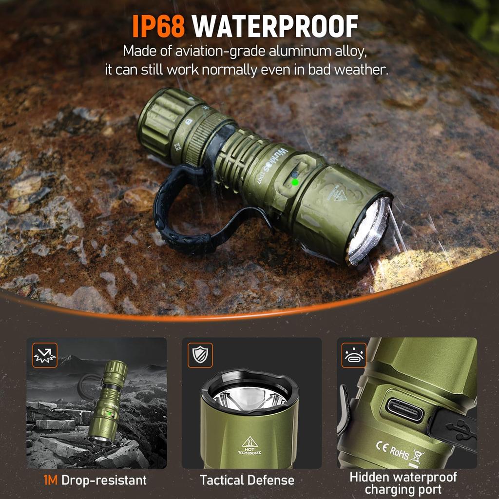 Wurkkos TD07 Tactical Rechargeable 1300 High Lumens EDC IP68 6 Lighting Flash Light for Emergency Camping Flashlight, USB-C Flashlight, Flashlight,