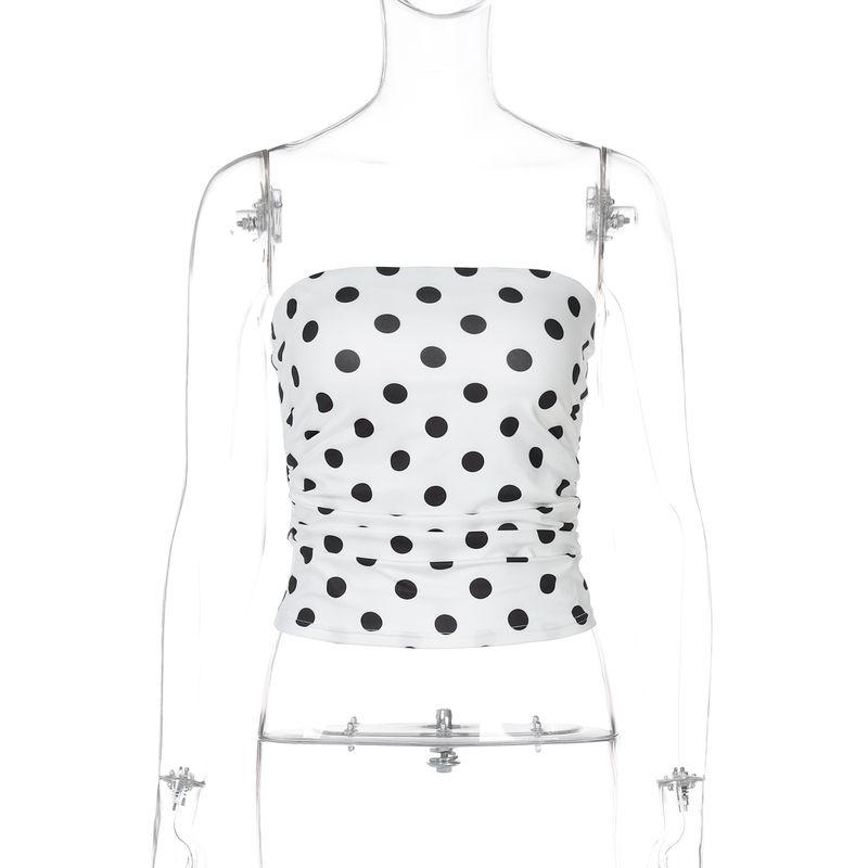 Shemoda Summer Easiest for Match Polka Dot Print Pleated High Waist Silm Sexy off-Neck Tube Top Vest Tops Women