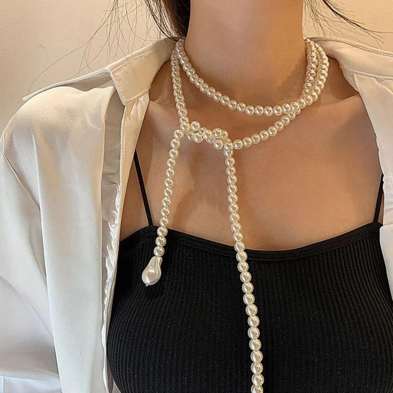 2023 New Fashion Trend French Vintage Long Tassel Pearl Simple Design Exquisite Elegant Ladies Necklace Luxury Birthday Gift