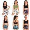 Zestaw 3-częściowy dla dziewczynek kostium kąpielowy bez rękawów z okrągłym dekoltem, wycięciem na plecach, crop top, elastyczne szorty z nadrukiem i majtki na wakacje na plaży