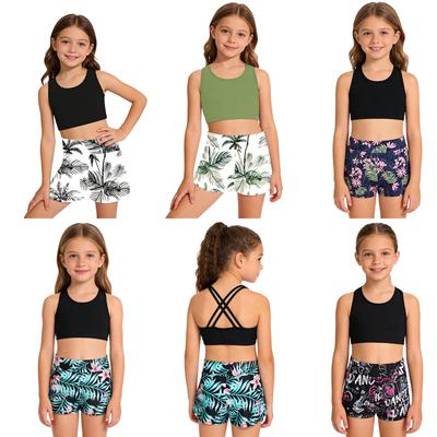 3Pcs Kids Girls Swimwear Set Sleeveless Round Neck Strappy Back Crop Top with Wide Elastic Waist Printed Shorts and Briefs for Beach Pool