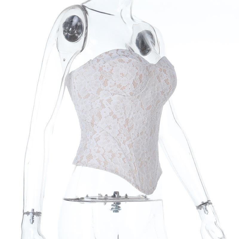 Sexy Lace Embroidered Strapless Bandeau Cinched Waist Crop Camisole Top For Women