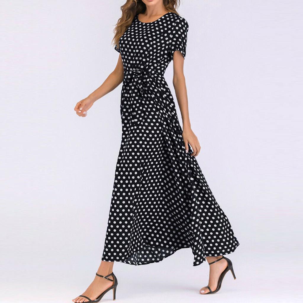 Fashion Women  Short Sleeve Beach Polka Dot Bandage Long Maxi Dress
