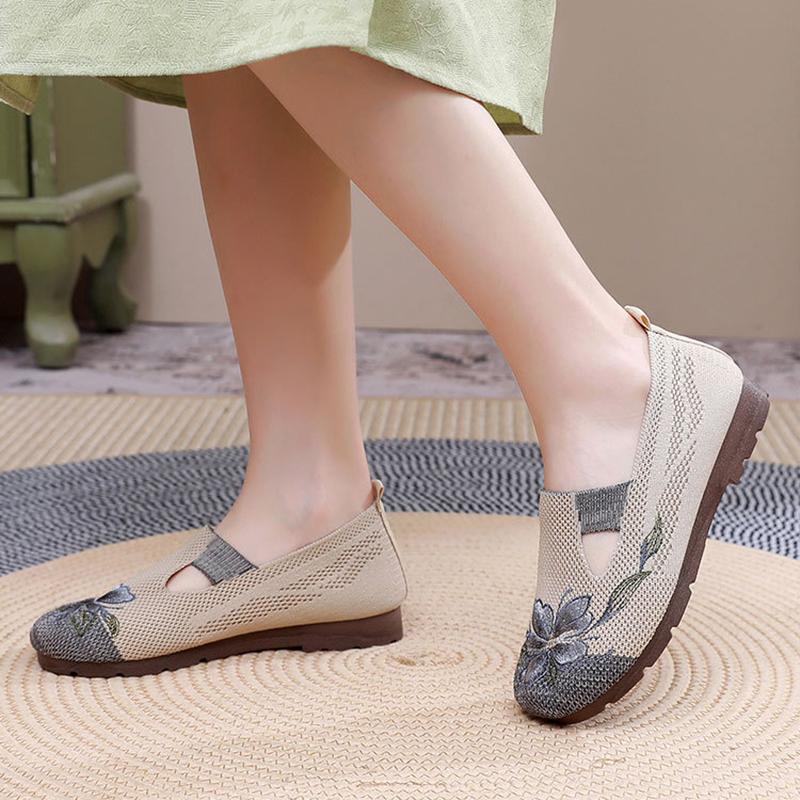 Women’s breathable slip-on shoes lady casual lightweight embroidered shoes elastic tie soft comfortable non slip shoes