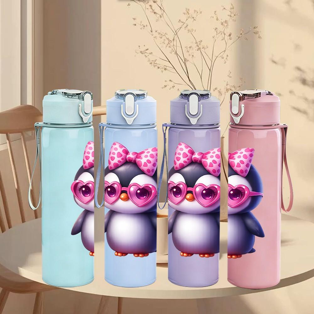 1PC Cute Pink Penguin 750ml Color Plastic Sports Water Bottle Leakproof Flip Straw Lid Suitable for Sports Office Home Use