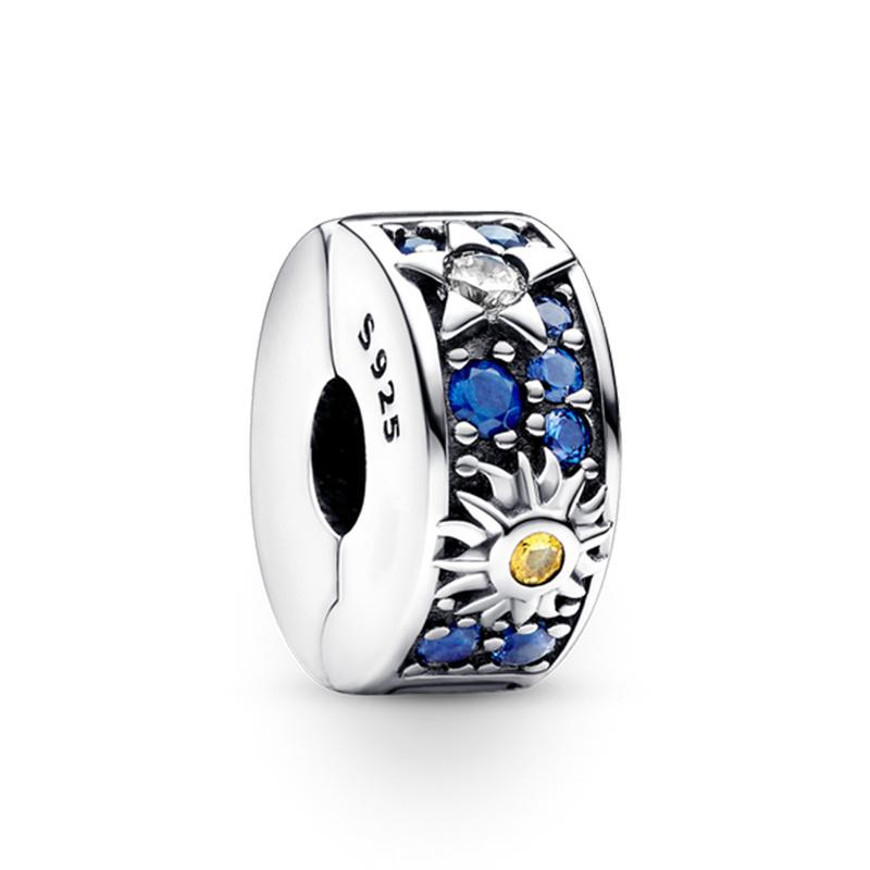 925 Silver CZ Pave Clip Charms Sun Moon Stars Beads Chain Fit Original Bangle Bracelet Jewelry