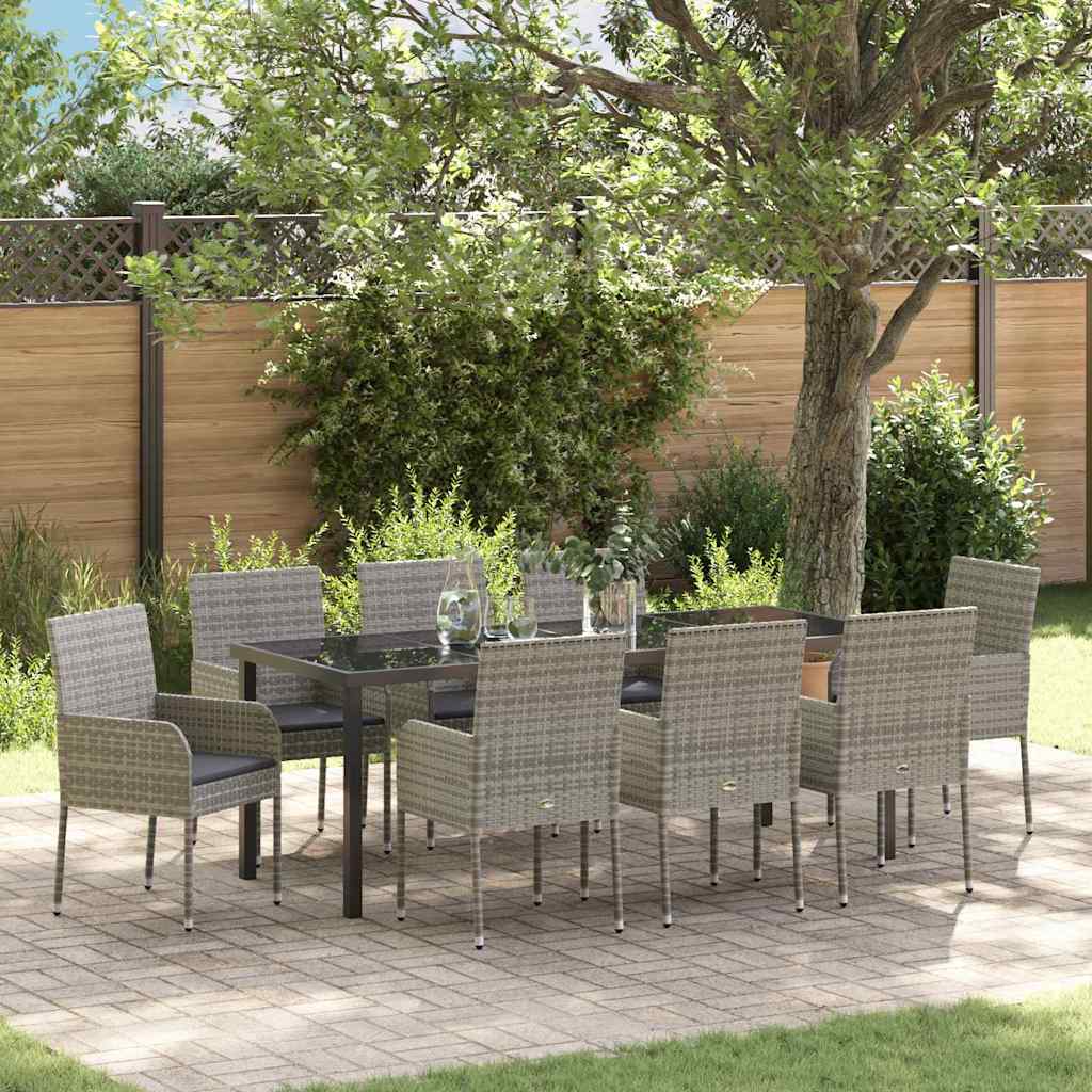 Garden Dining Set with Cushions 9 pcs Grey Poly Rattan