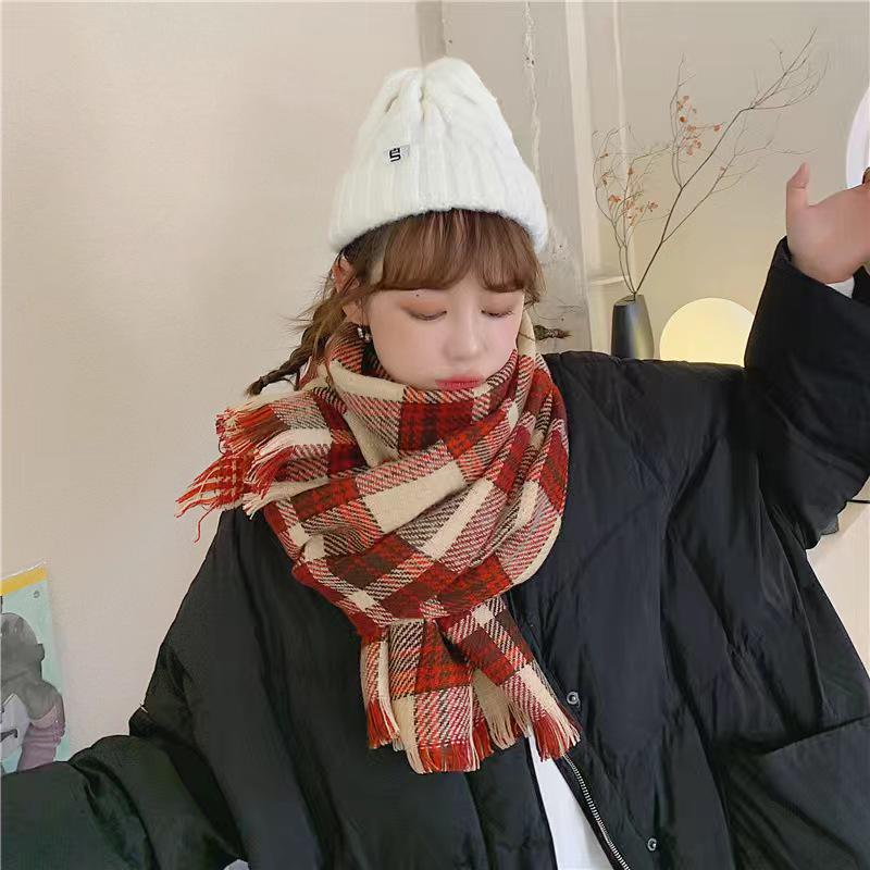 Korean Christmas Style Double-Sided Plaid Imitation Cashmere Scarf - Warm & Retro for Autumn/Winter.
