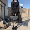 Japanese Sweet Lolita Dress Long-Sleeve Plus-Size High-Waisted Black Midi Dress Tummy-Control Pleated Swing A-line Skirt