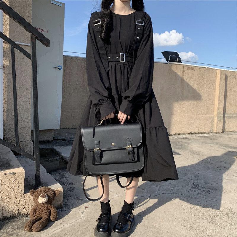 Japanese Sweet Lolita Dress Long-Sleeve Plus-Size High-Waisted Black Midi Dress Tummy-Control Pleated Swing A-line Skirt
