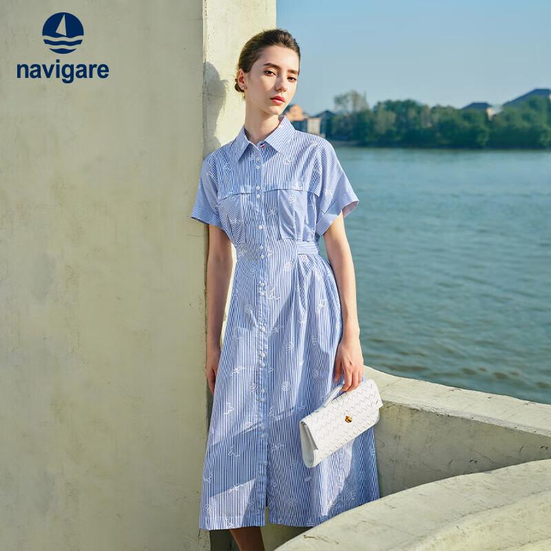 

Navigare Women s Cotton Striped Short-Sleeve Belted Midi Shirt Dress XL