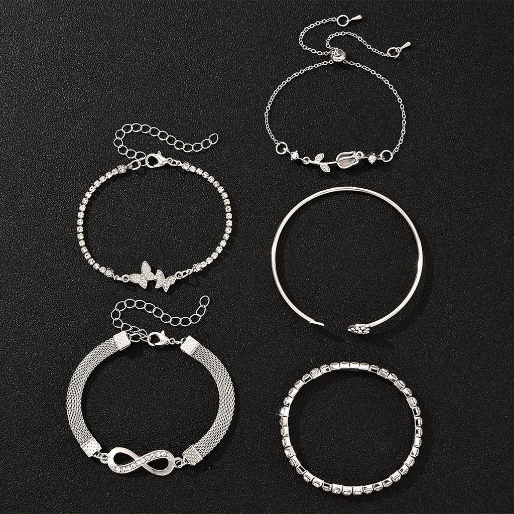 5Pcs Vintage Elegant Heart Butterfly Bracelets For Women Silver Color Rose Infinity Crystal Bracelets Sets Fashion Jewelry Gift