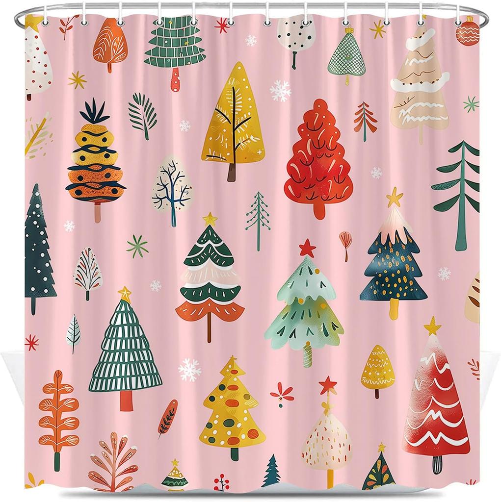 Christmas Tree Shower Curtain Cartoon Xmas Trees Winter Snowflake Cute Pine Fir Happy New Year Holiday Polyester Fabric Bathroom