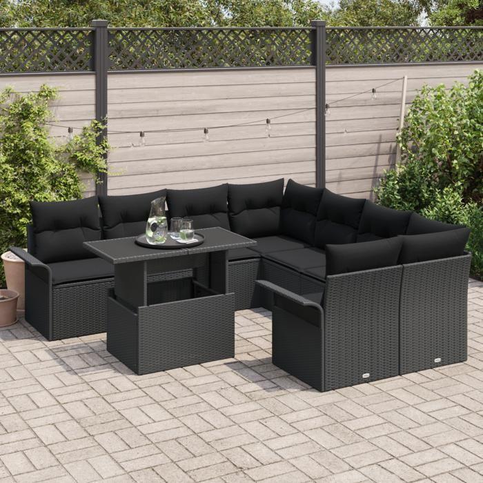 VidaXL Ensemble de canapé de jardin 9 pièces avec coussins noir poly rotin 3348259