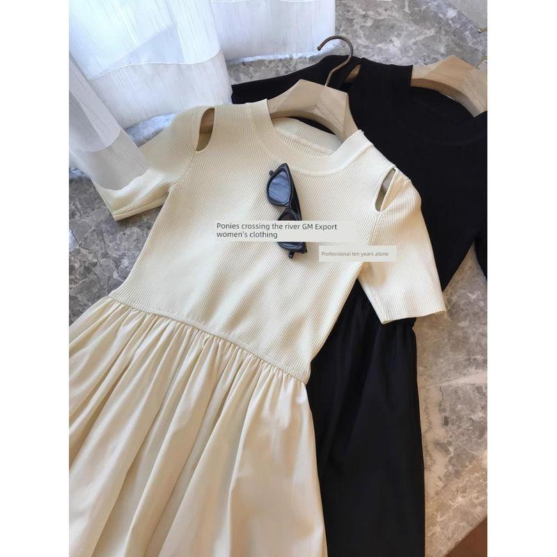 

Юаньский порядок, элегантность - это стабильность! E * P Французское вязаное платье с открытыми плечами, короткими рукавами, приталенное, пэчворк Beige M