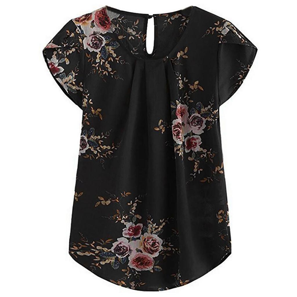 Women's Fashion Color Printing Short-sleeved Button Round Neck Casual Tops