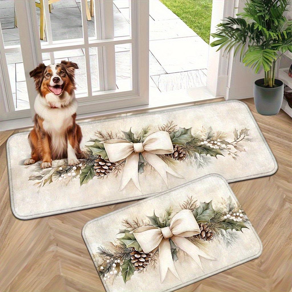 1Pcs Christmas Floral Kitchen Rug,Elegant Bow Print Floor Mat, Non Slip Washable Area Rug, Soft Decorative Mat for Kitchen Bedroom Entryway Home Decor