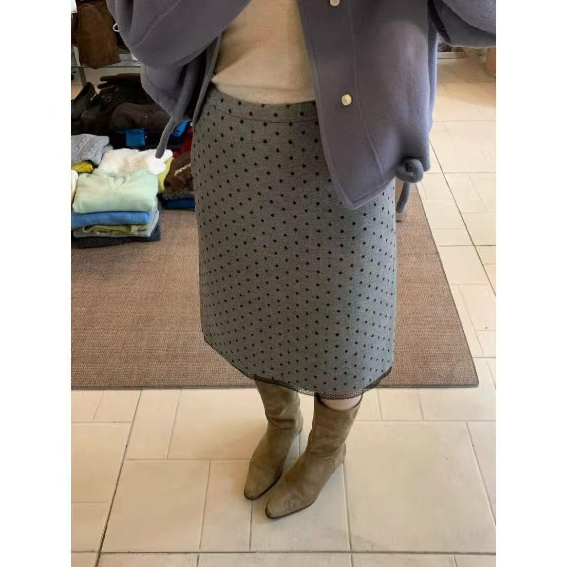 

Korean Dongdaemun Autumn/Winter Polka Dot Lace Trim Wool Mid-Length Skirt S