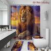 4Pcs Lion Shower Curtain Set with Non-Slip Bath Mat, Toilet Lid Cover, Contour Rug & 12 Hooks, Bathroom Decor