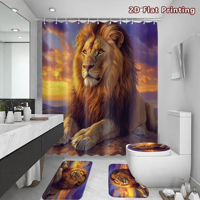 4Pcs Lion Shower Curtain Set with Non-Slip Bath Mat, Toilet Lid Cover, Contour Rug & 12 Hooks, Bathroom Decor