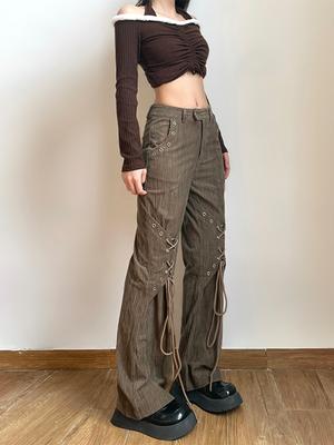 Damen American Vintage Baddie Style Cargohose mit Schnürung, Grunge, hohe Taille, gerades Bein, Hose, Harajuku, Mode, Y2k Streetwear