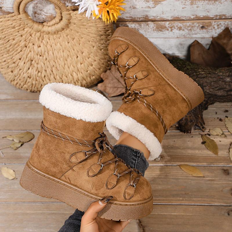 Fashion Cross Lace Up Platform Snow Boots Women Winter Warm Thicken Plush Ankle Boots Woman Comfy Slip On Anti Slip Cotton Shoes