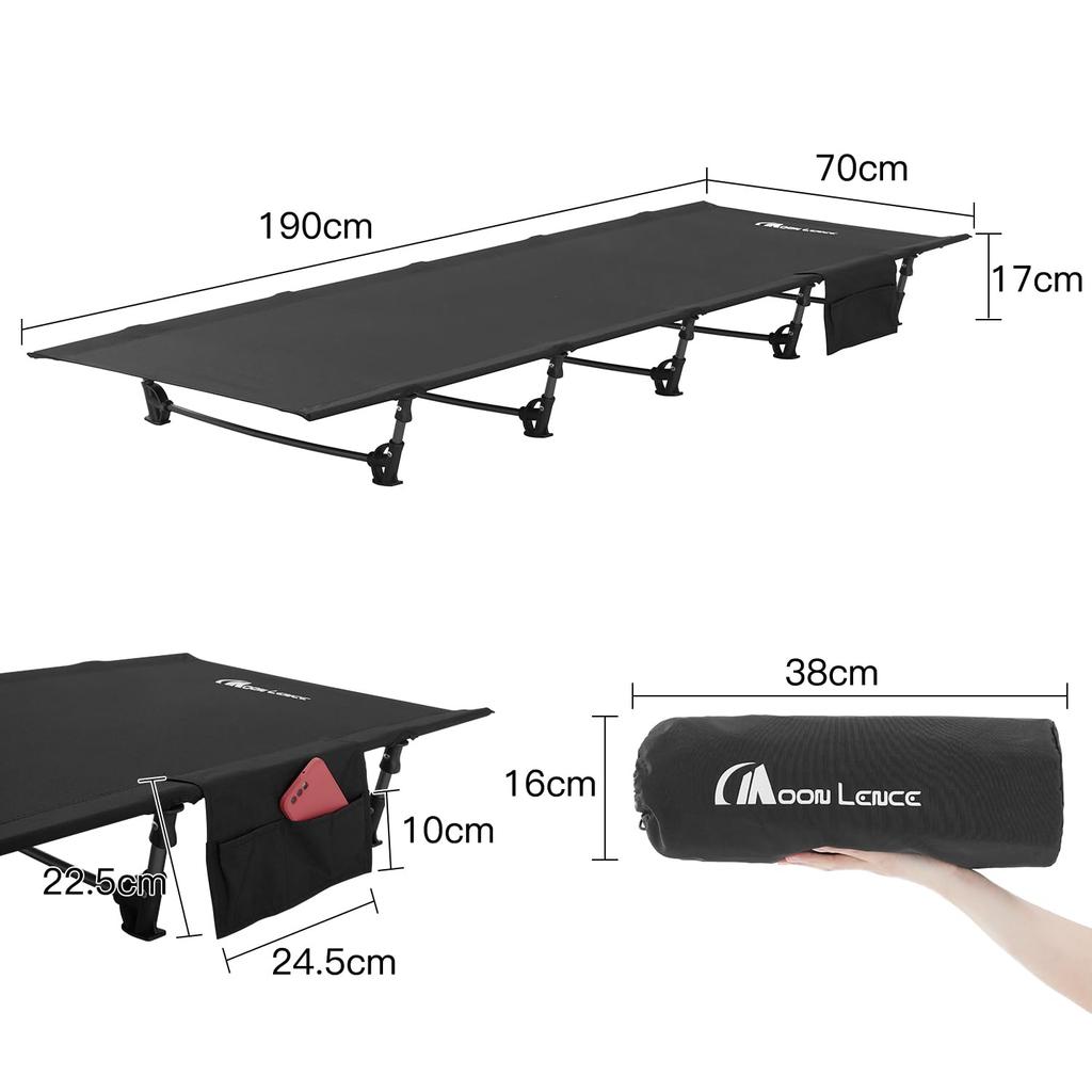 MOON LENCE Folding Camping Outdoor Easy to 160kg Weight Includes Storage and Carrying and Ideal for Disaster Black Cot, Bed, Fold, Compact,